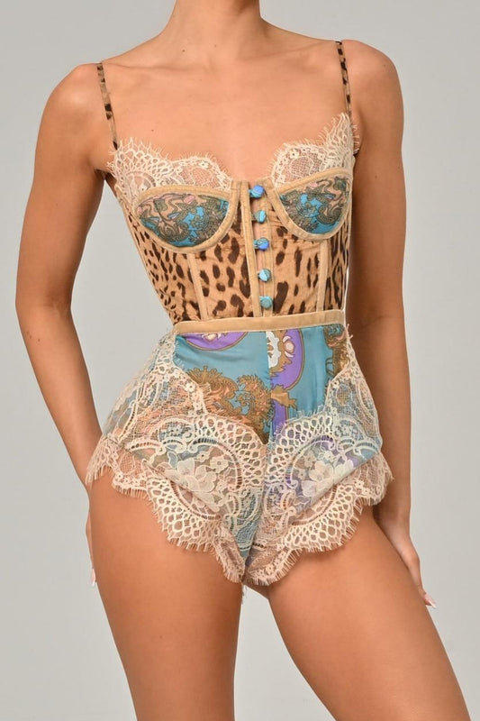 Leopard Print Splicing Lace Single Breasted High Waist Bodysuit