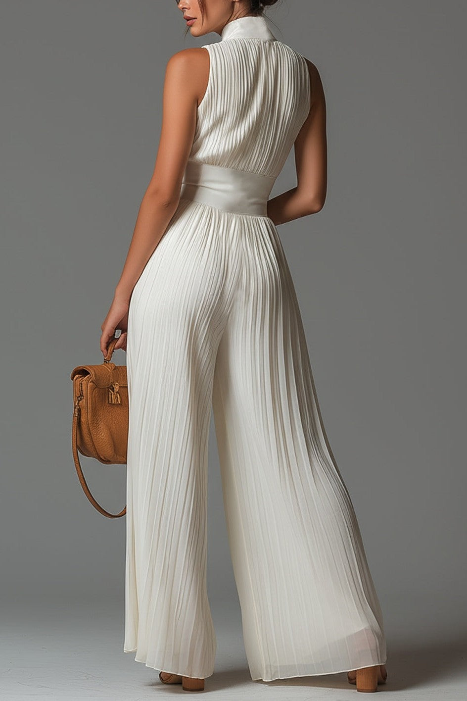 Chiffon Pleated Zip-up Wide-leg Jumpsuit