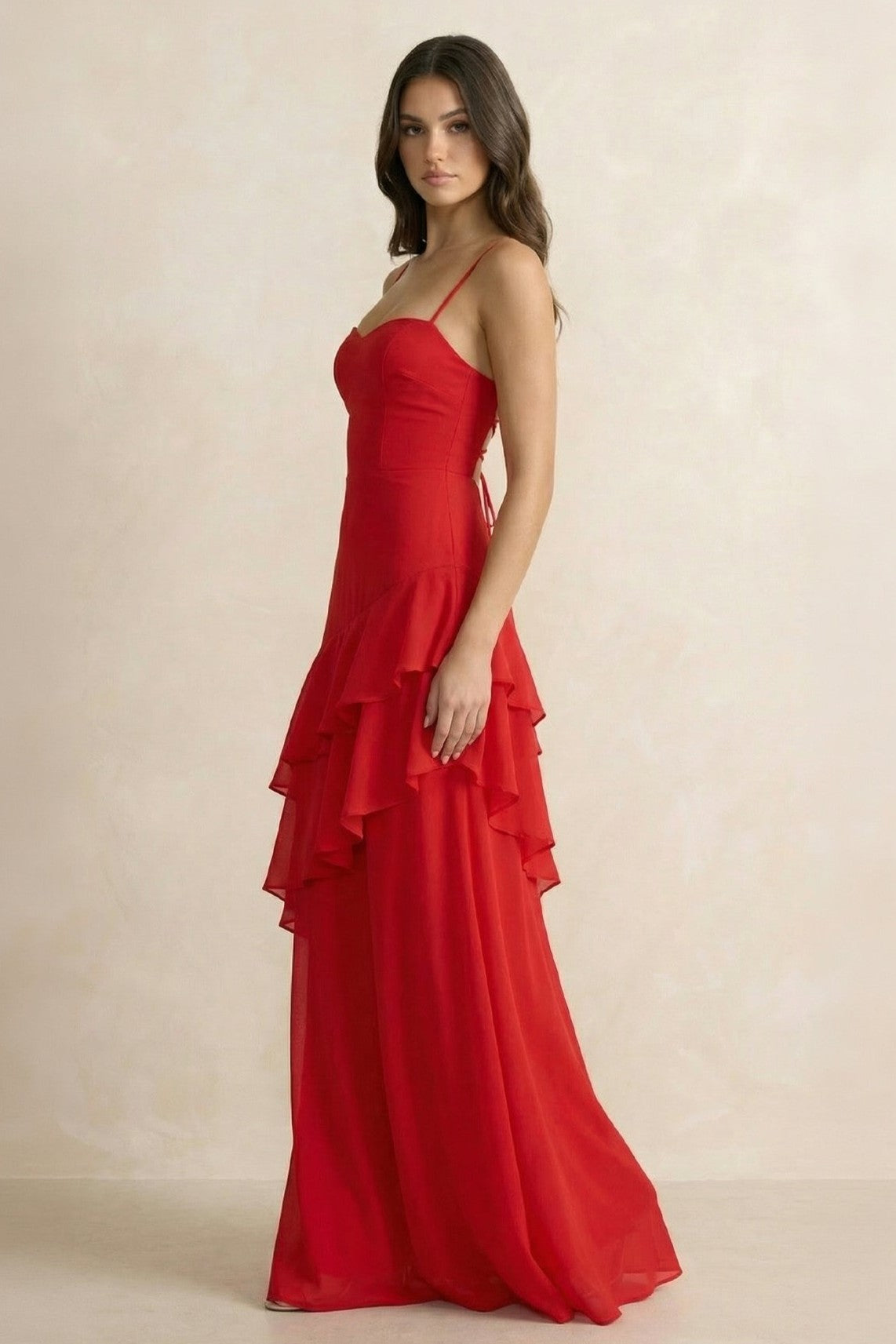Jersey Ruffle Tie-Up Maxi Dress