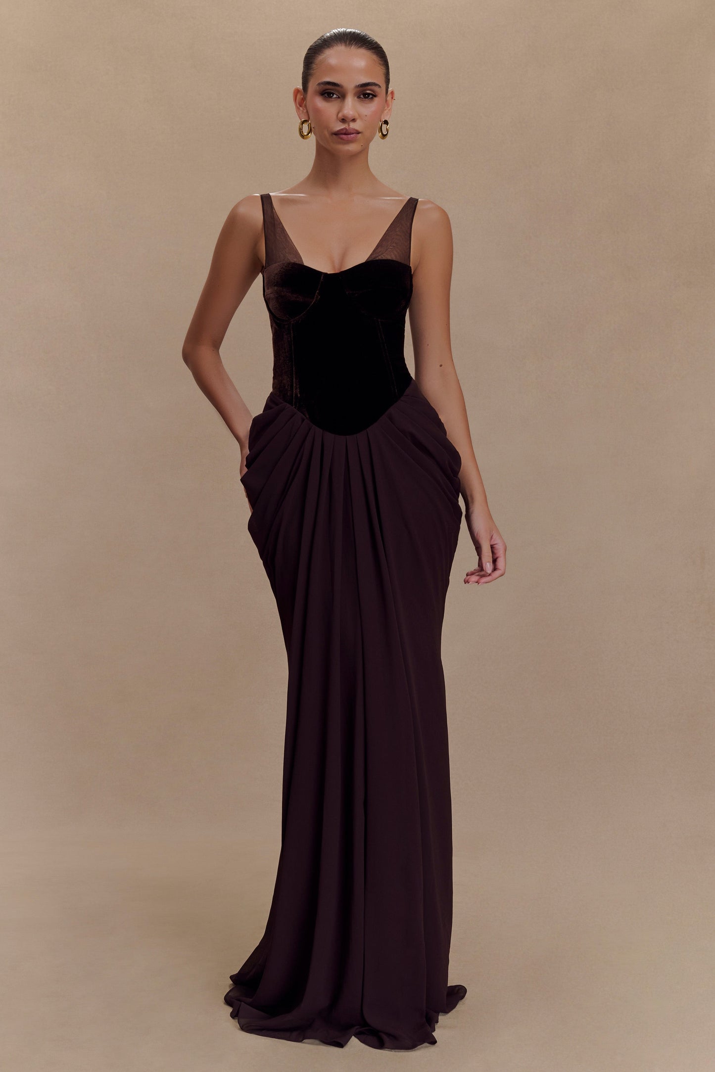 Velvet Chiffon Patchwork Ruched Maxi Dress