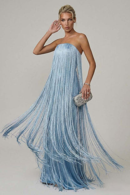 Satin Strapless Fringe Maxi Dress