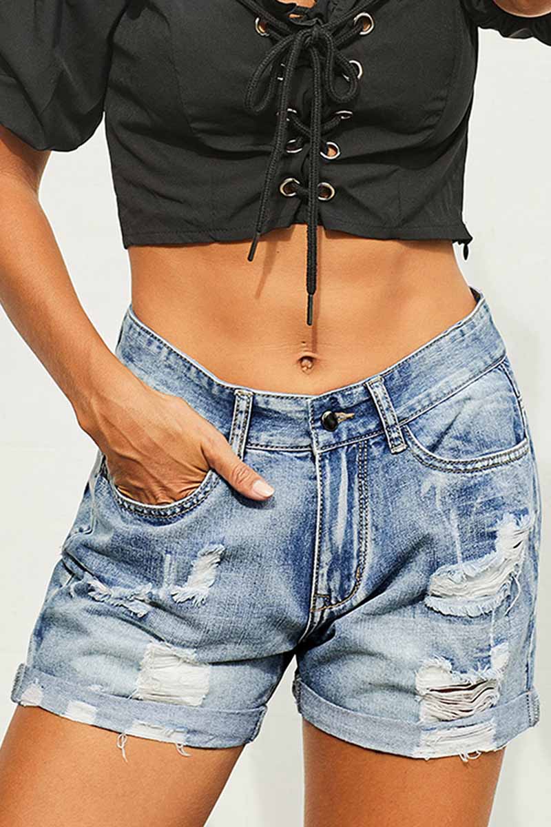 Omyke High Waist Lace-up Denim Shorts