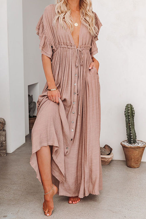 Button Drawstring Waist Bat Maxi Cover Dress