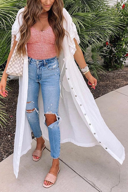 Button Drawstring Waist Bat Maxi Cover Dress