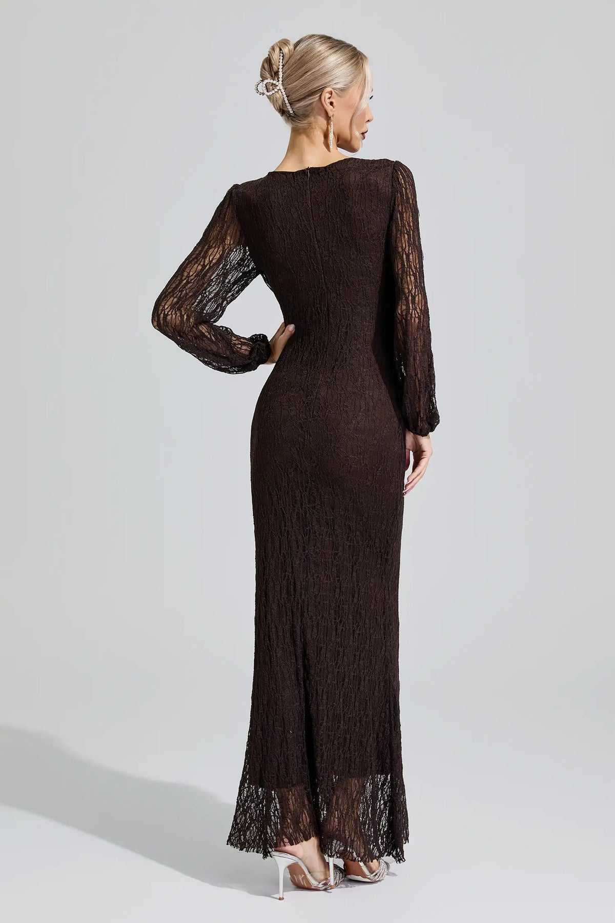 Sacagawea Brown Lace Ruffled Maxi Dress