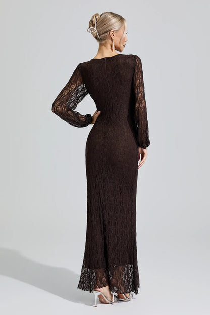 Sacagawea Brown Lace Ruffled Maxi Dress