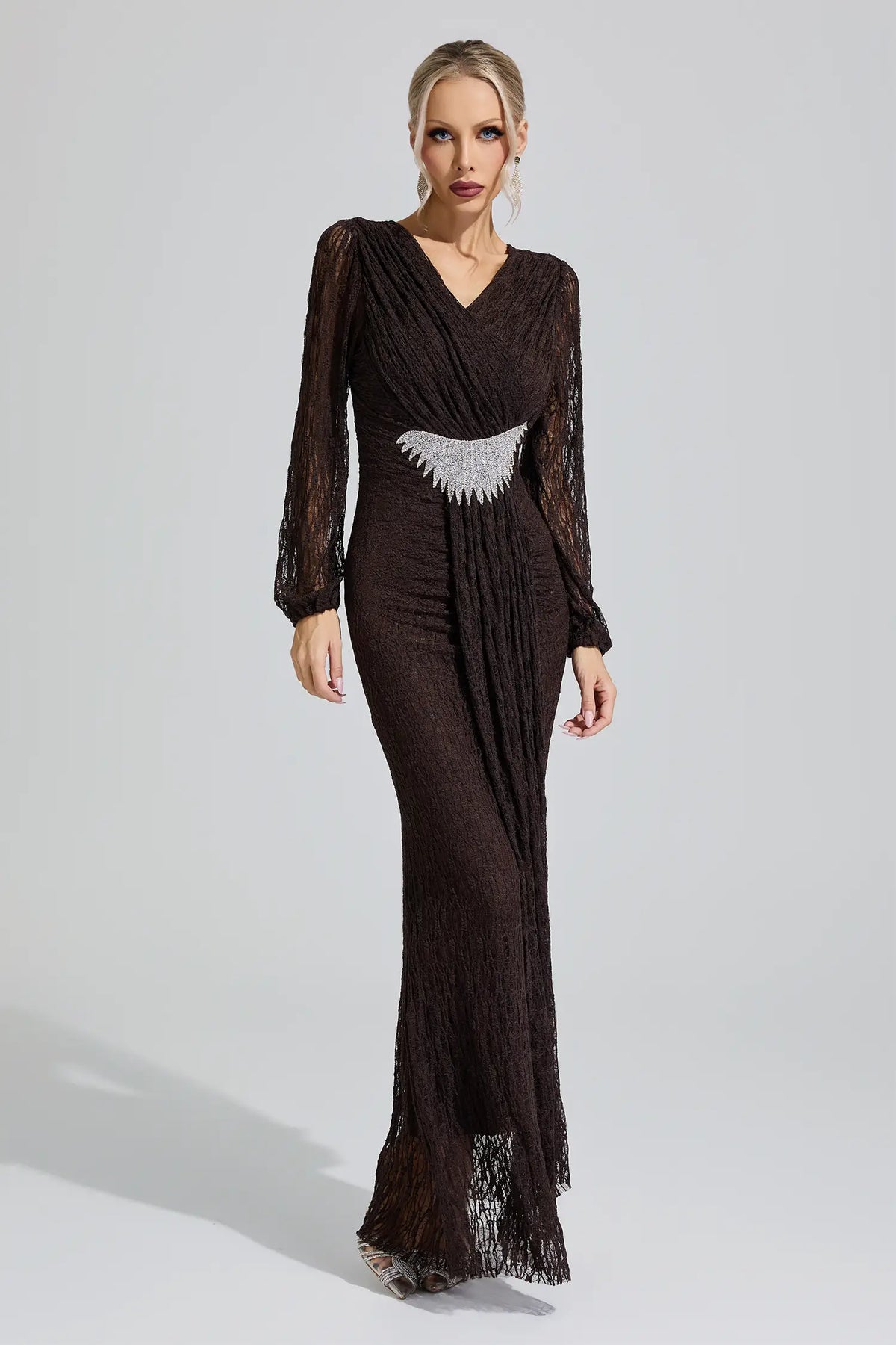 Sacagawea Brown Lace Ruffled Maxi Dress