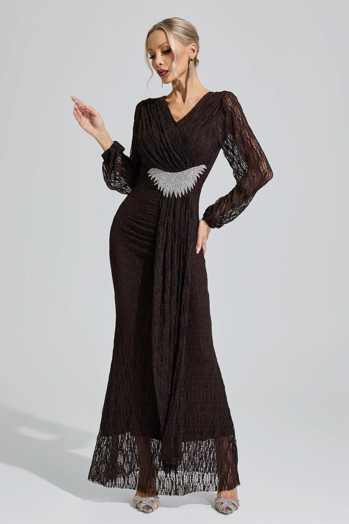 Sacagawea Brown Lace Ruffled Maxi Dress