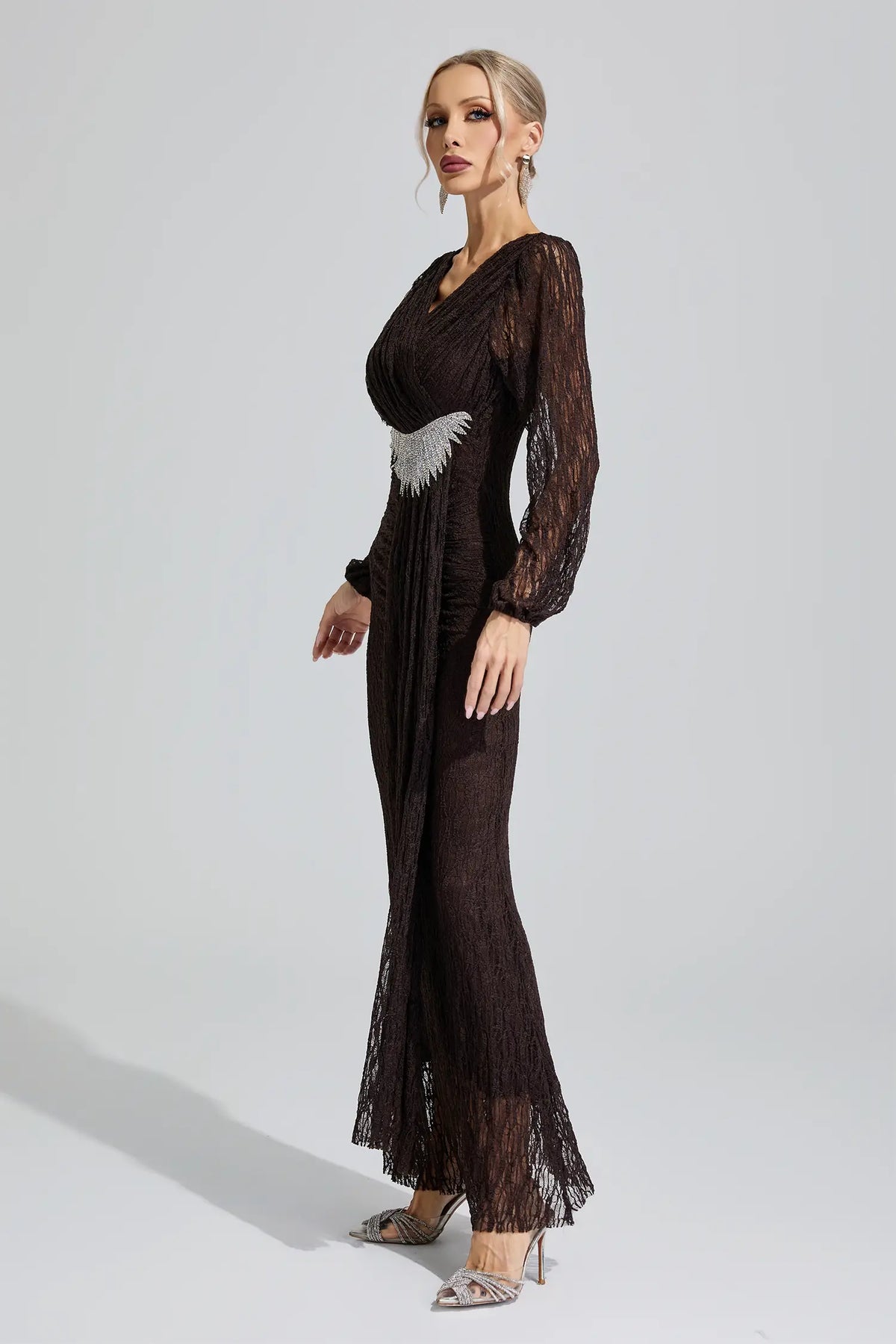 Sacagawea Brown Lace Ruffled Maxi Dress