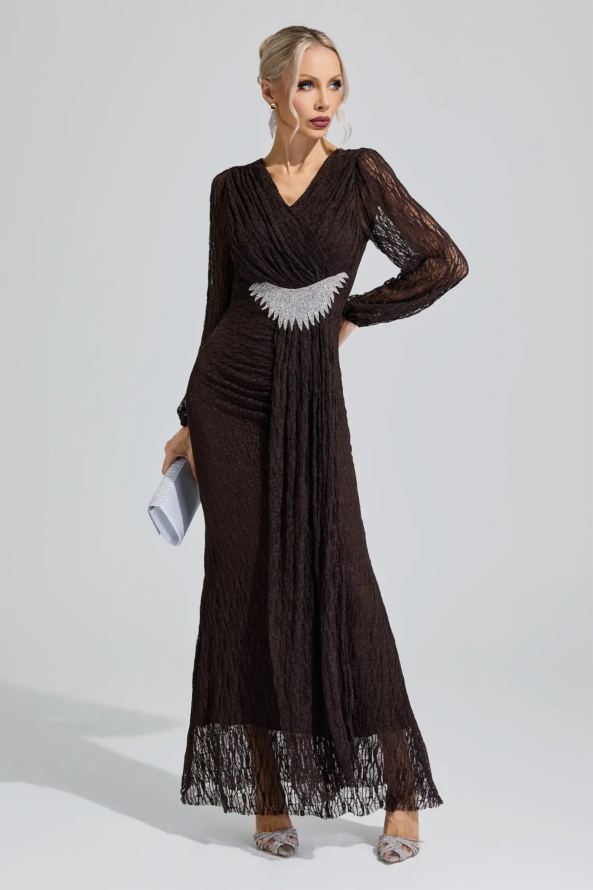 Sacagawea Brown Lace Ruffled Maxi Dress