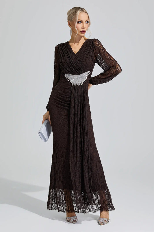 Sacagawea Brown Lace Ruffled Maxi Dress