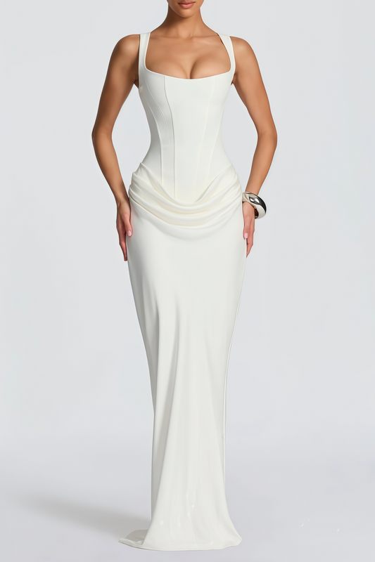 Paulette White Ruched Corset Maxi Dress