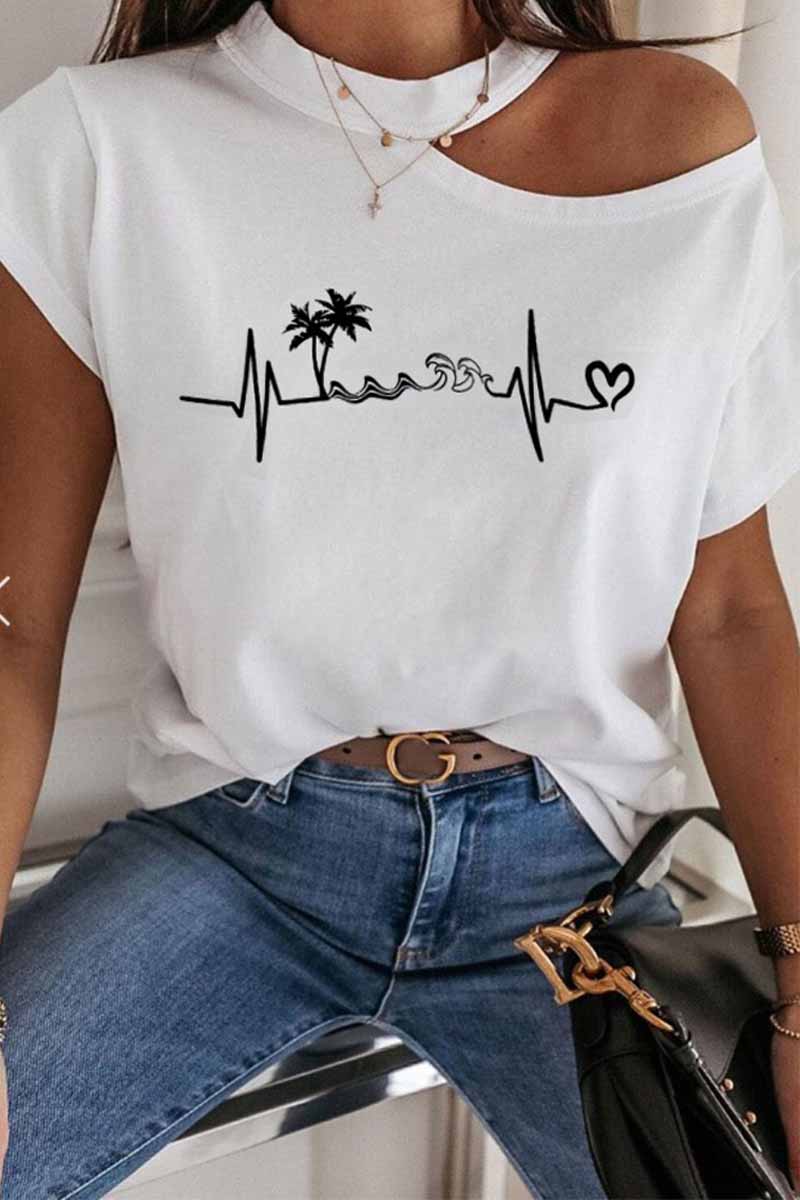 Omyke Print Cold Shoulder Short Sleeve T-shirt