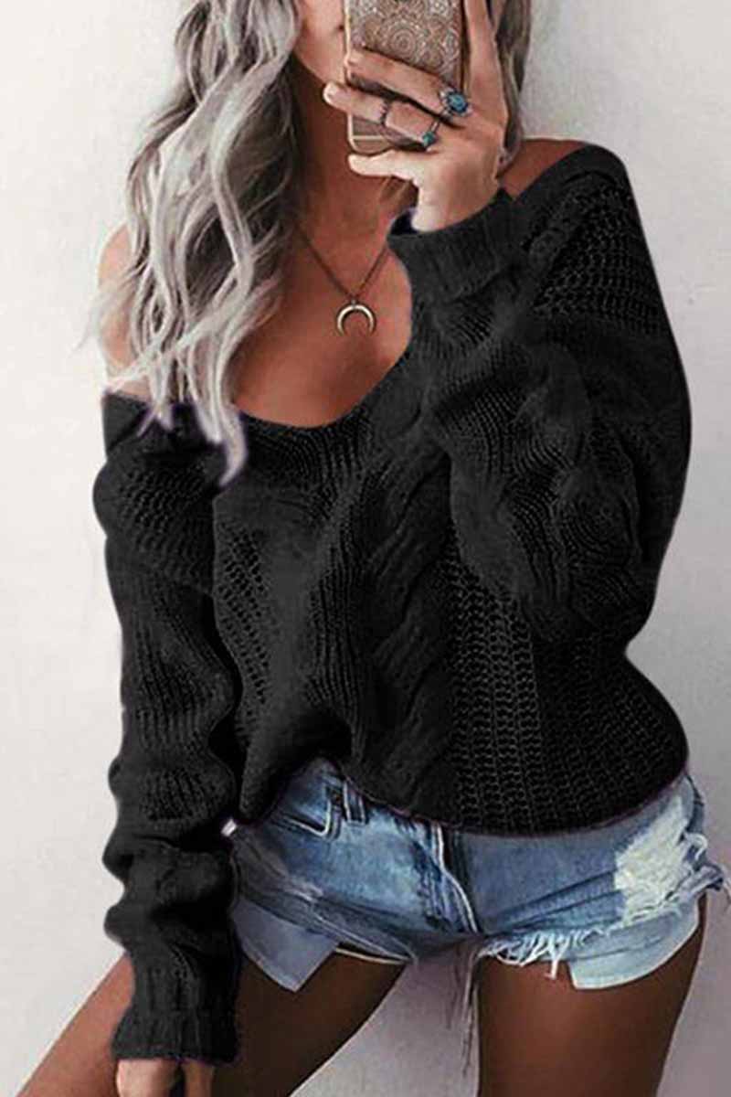 Omyke Loose V-Neck Wwist Long Sleeve Sweater