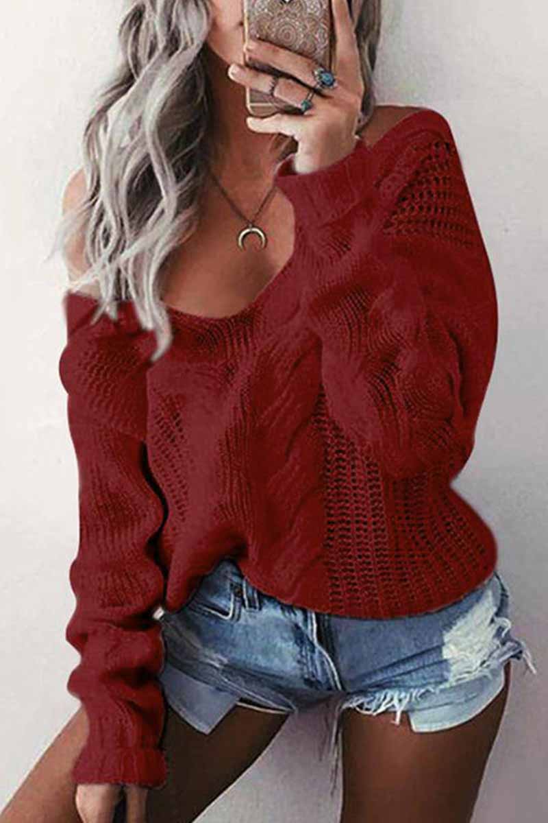 Omyke Loose V-Neck Wwist Long Sleeve Sweater