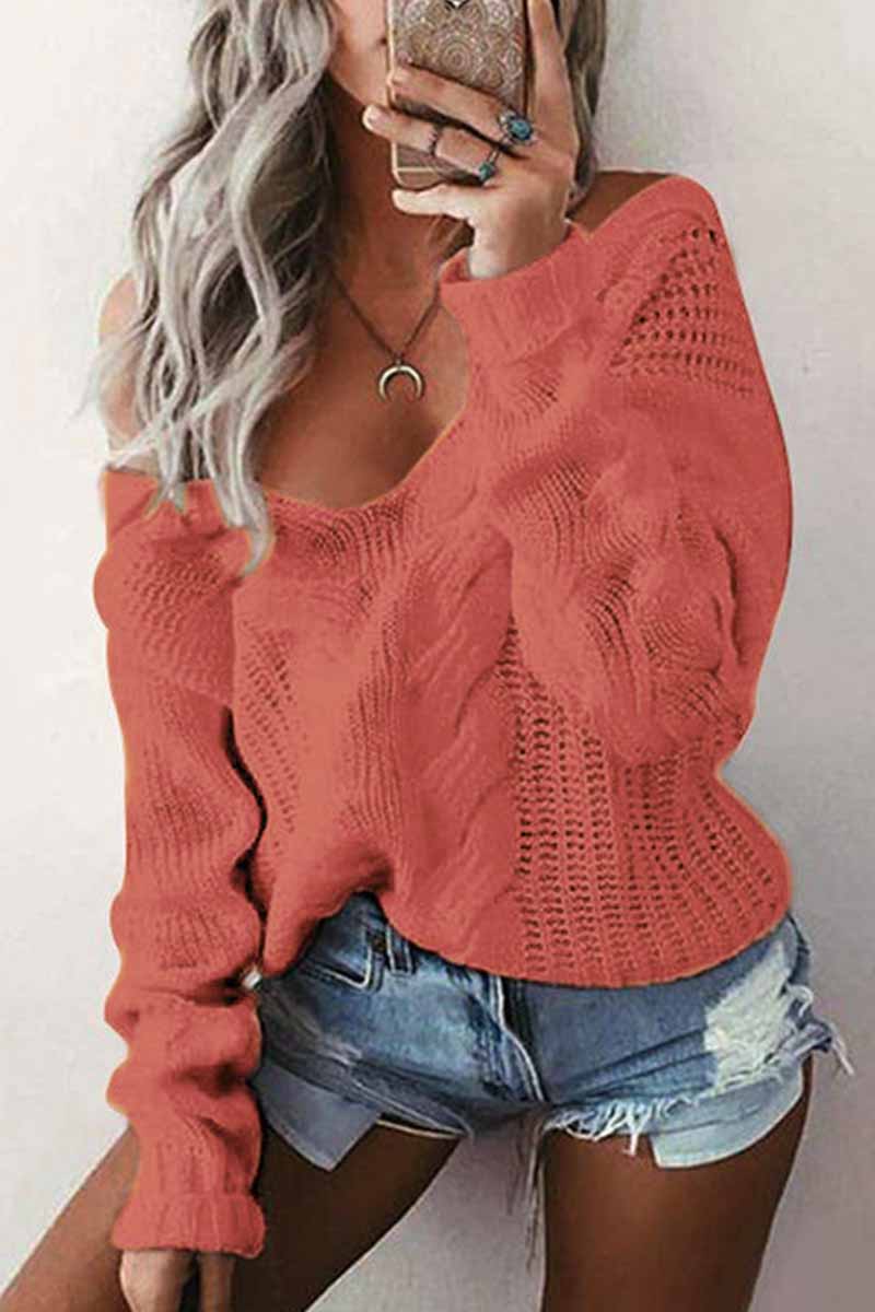 Omyke Loose V-Neck Wwist Long Sleeve Sweater