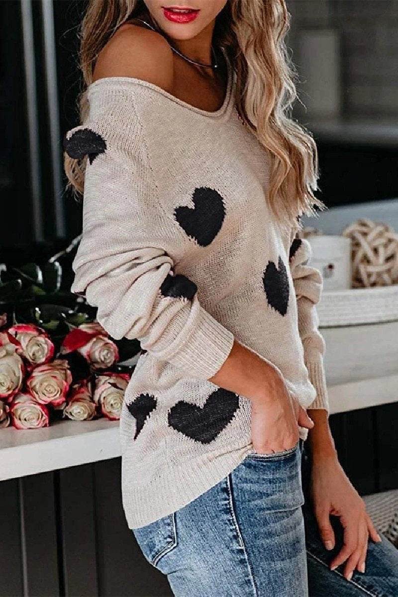 Omyke Loose V-Neck Love Knitted Sweater(5 colors)