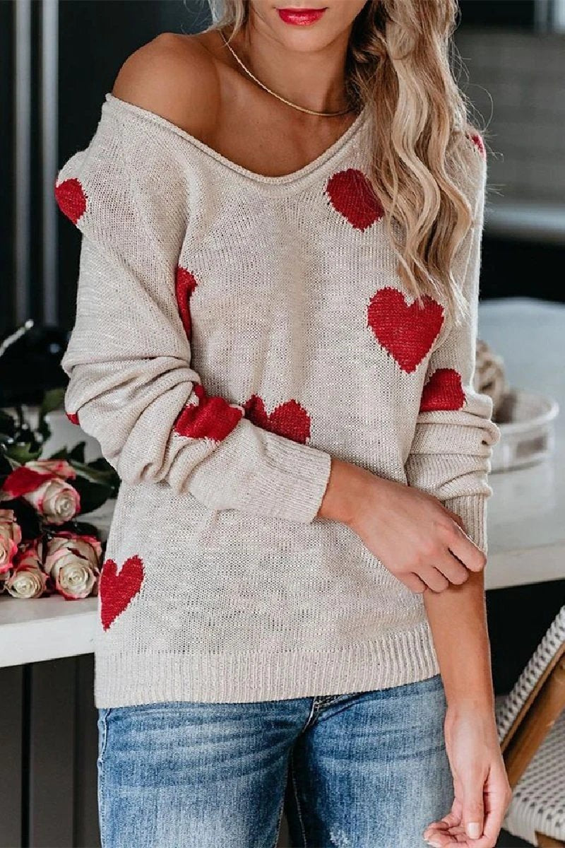 Omyke Loose V-Neck Love Knitted Sweater(5 colors)