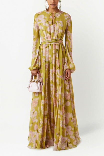 Floral Lace Up Puff Sleeve Maxi Dress