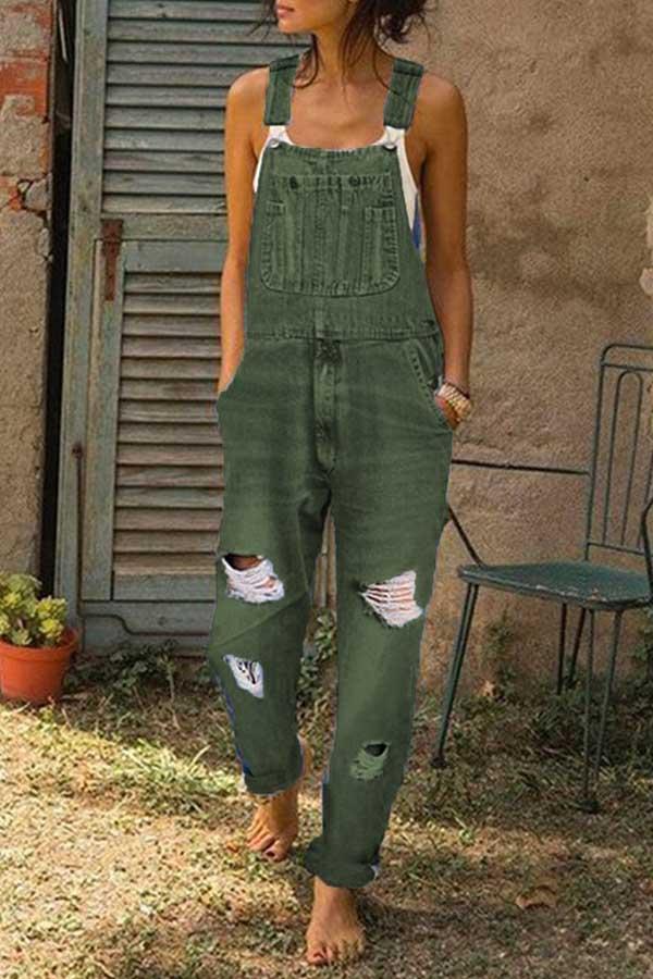 Florcoo Washed Ripped Hole Denim Overalls(3 Colors)