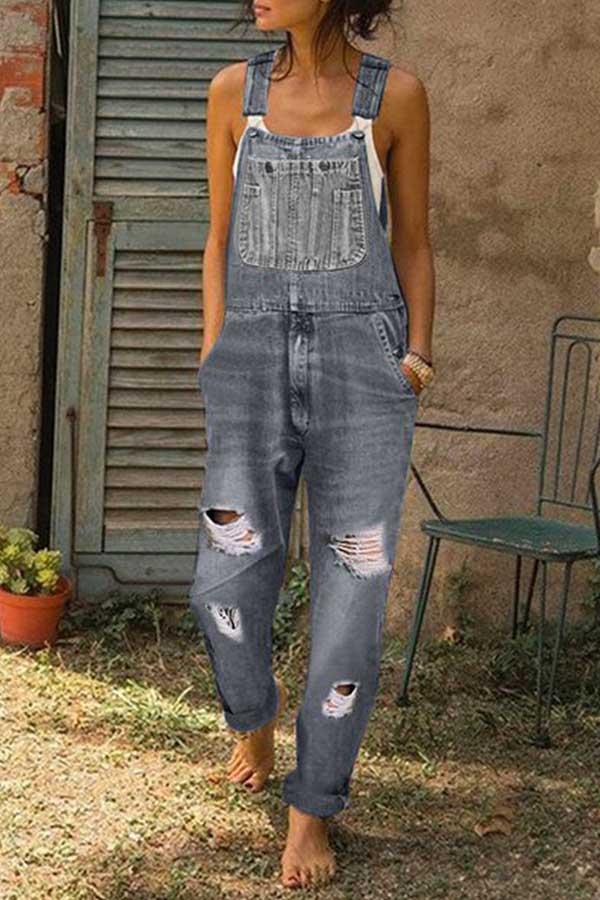 Florcoo Washed Ripped Hole Denim Overalls(3 Colors)