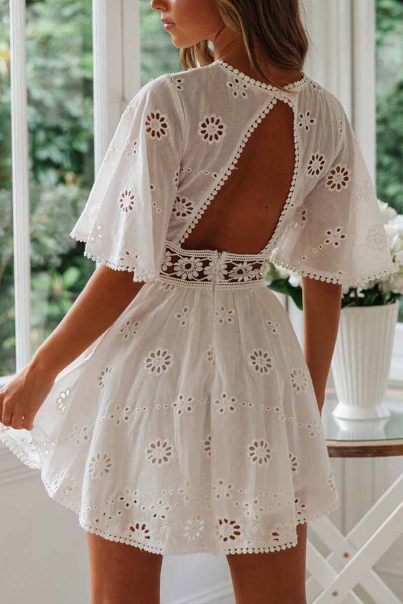 Omyke O-Neck White Lace Mini Dress