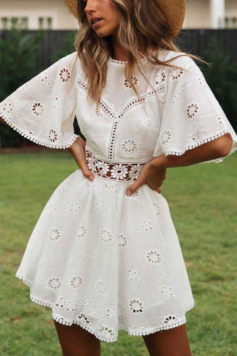 Omyke O-Neck White Lace Mini Dress