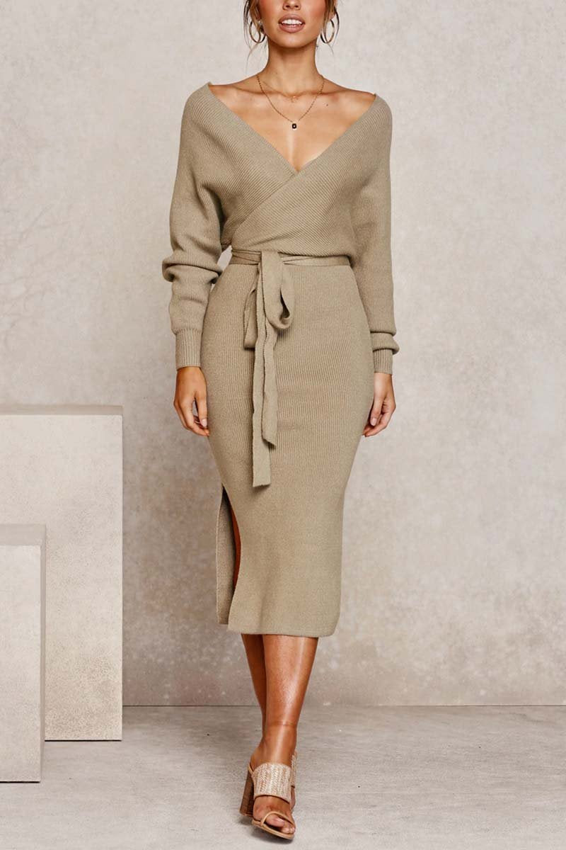 Florcoo V Neck Backless Sweater Dress(5 Colors)