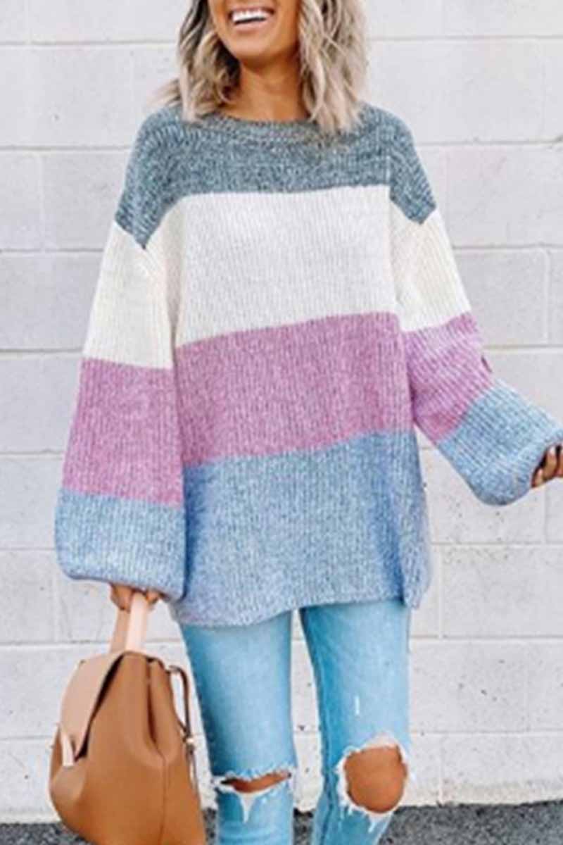 Omyke Contrast Striped Loose Round Neck Sweater