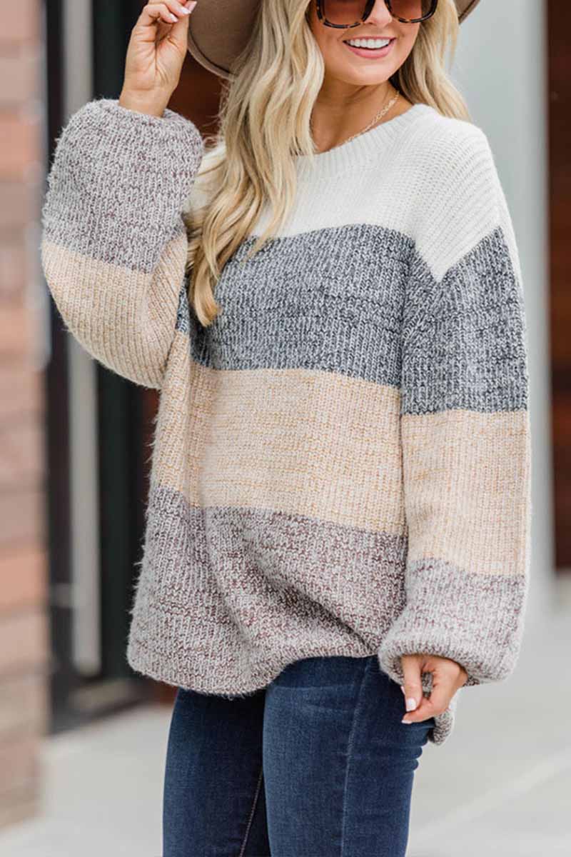 Omyke Contrast Striped Loose Round Neck Sweater