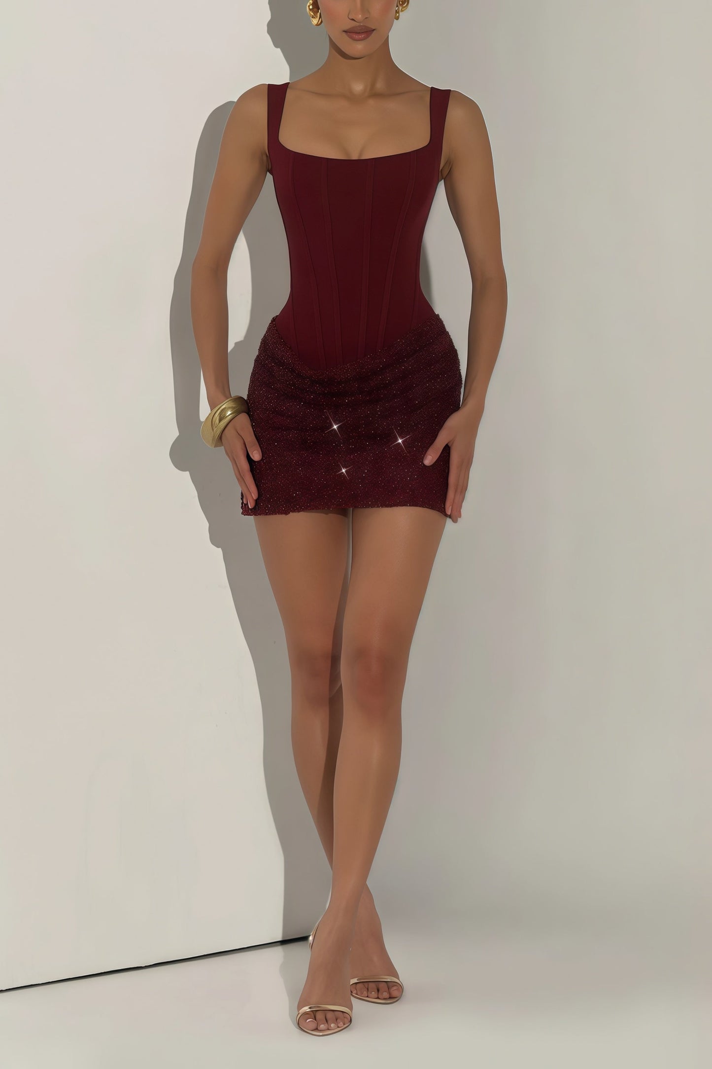 Paulette Red Embellished Ruched Bodycon Mini Dress