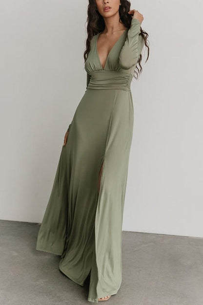 V Neck Long Sleece Slit Maxi Dress