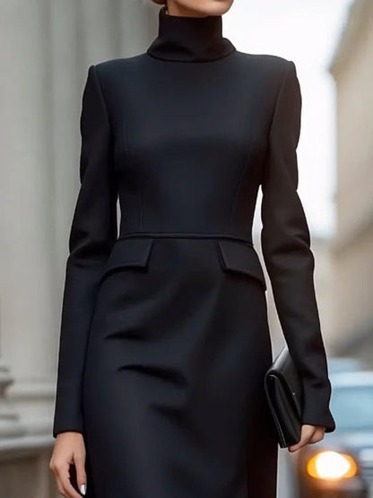 Long Sleeves Skinny Solid Color High Neck Midi Dresses