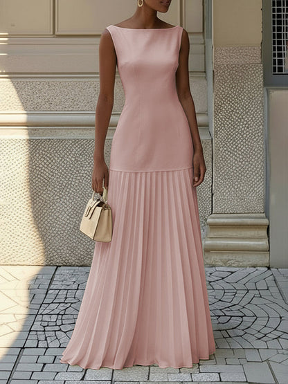 Sleeveless Gauze Pleated Solid Color Split-Joint Boat Neck Evening Dresses Maxi Dresses