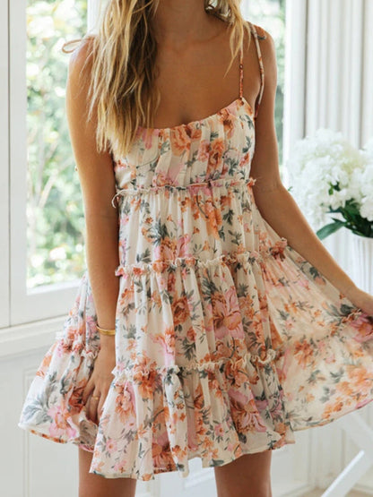 Resort style sexy printed suspender dress