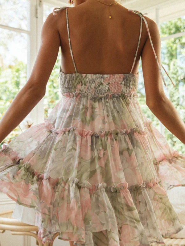 Resort style sexy printed suspender dress