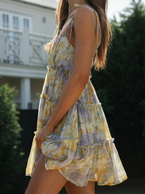 Resort style sexy printed suspender dress