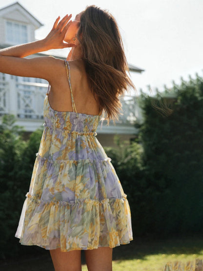Resort style sexy printed suspender dress