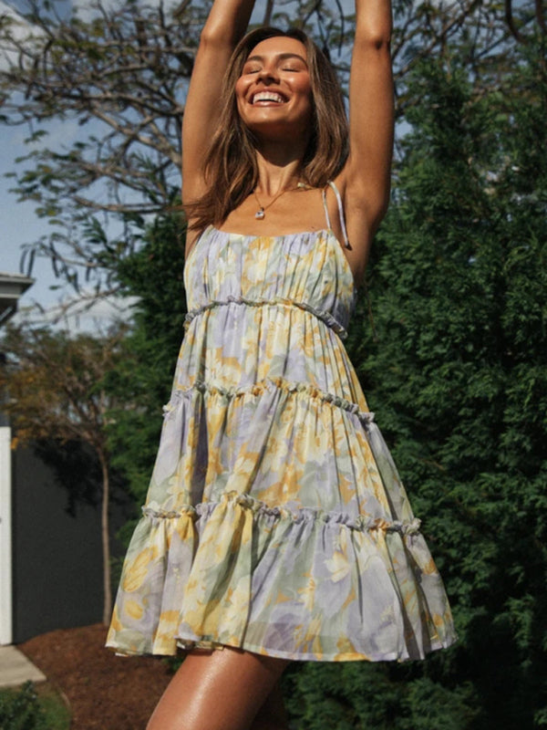 Resort style sexy printed suspender dress