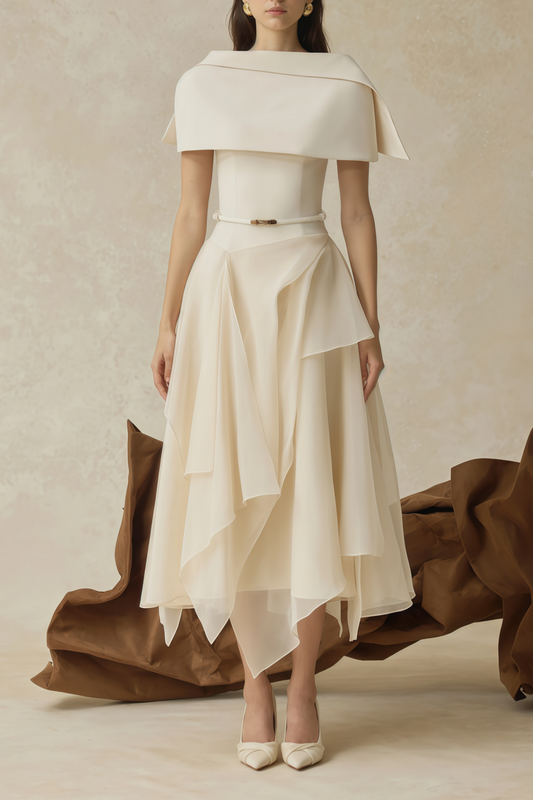 Aria White Asymmetrical Shawl & Tulle Panel Dress Set