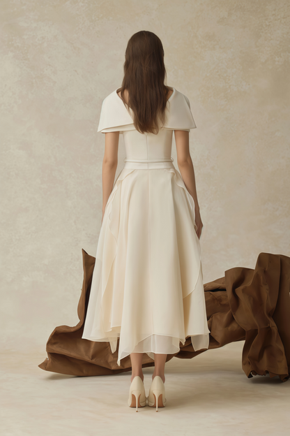 Aria White Asymmetrical Shawl & Tulle Panel Dress Set