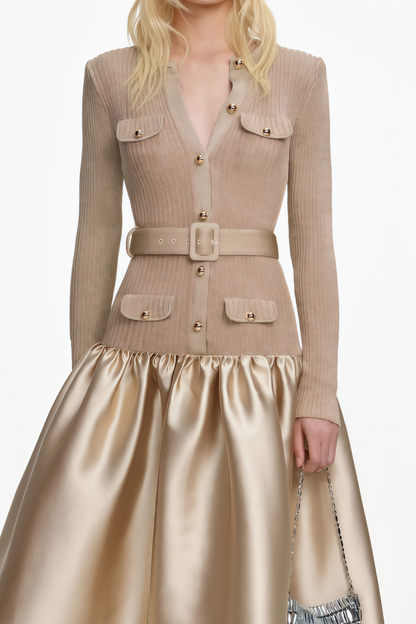 Fern Gold Satin Panel Knit Midi Dress