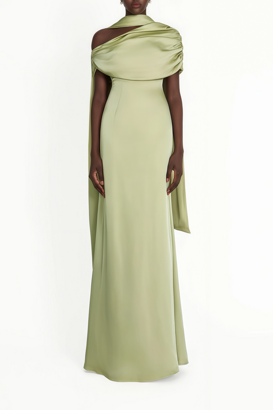 Benedetta Green One Shoulder Satin Maxi Dress