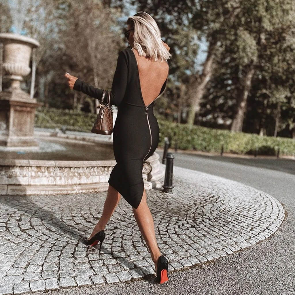 Long Sleeve Zip Back Slit Bodycon Bandage Midi Dress