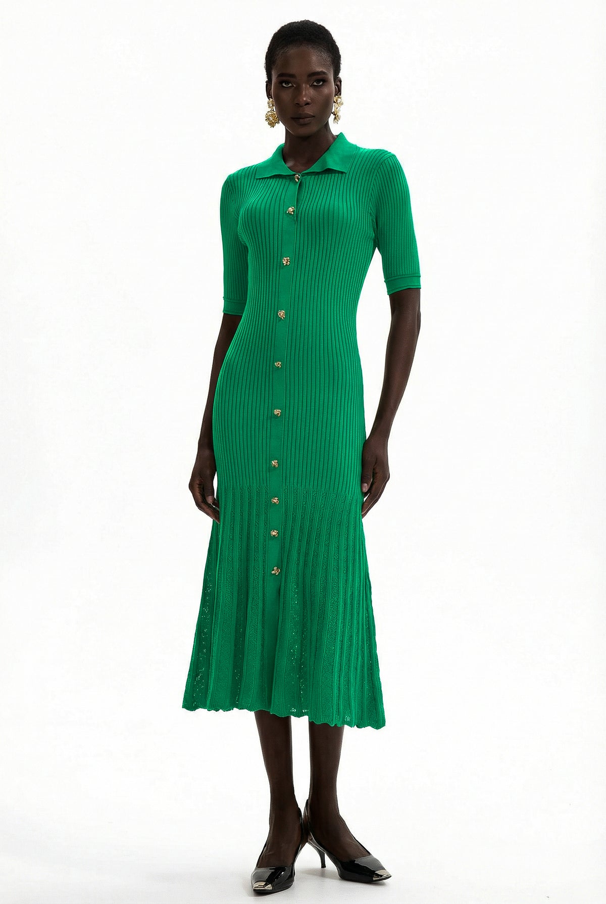 Jersey Flapped Metal Button Midi Dress