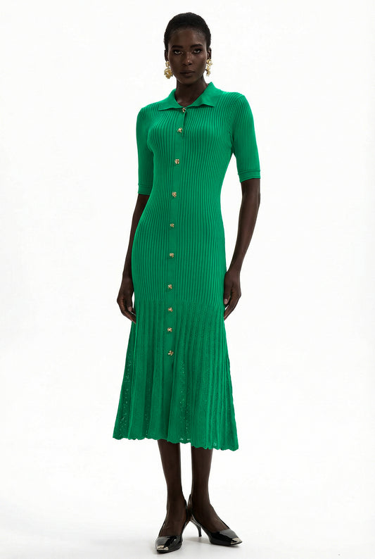 Jersey Flapped Metal Button Midi Dress