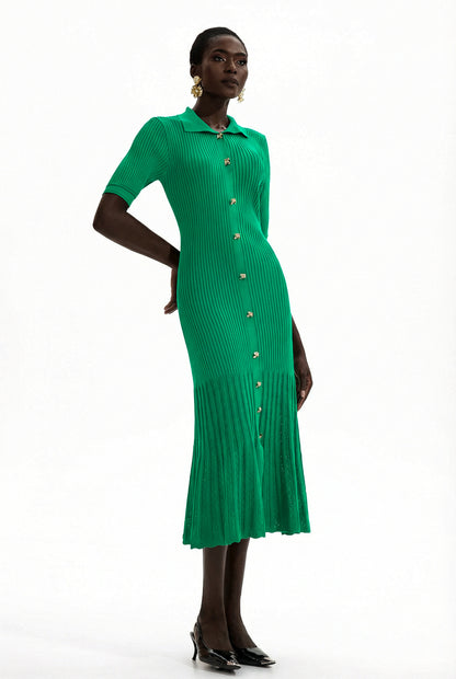 Jersey Flapped Metal Button Midi Dress