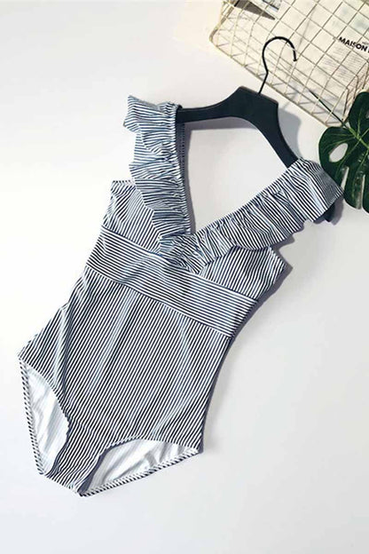 Omyke Ruffled Striped One-Piece Swimsuit ( 3 Colors)